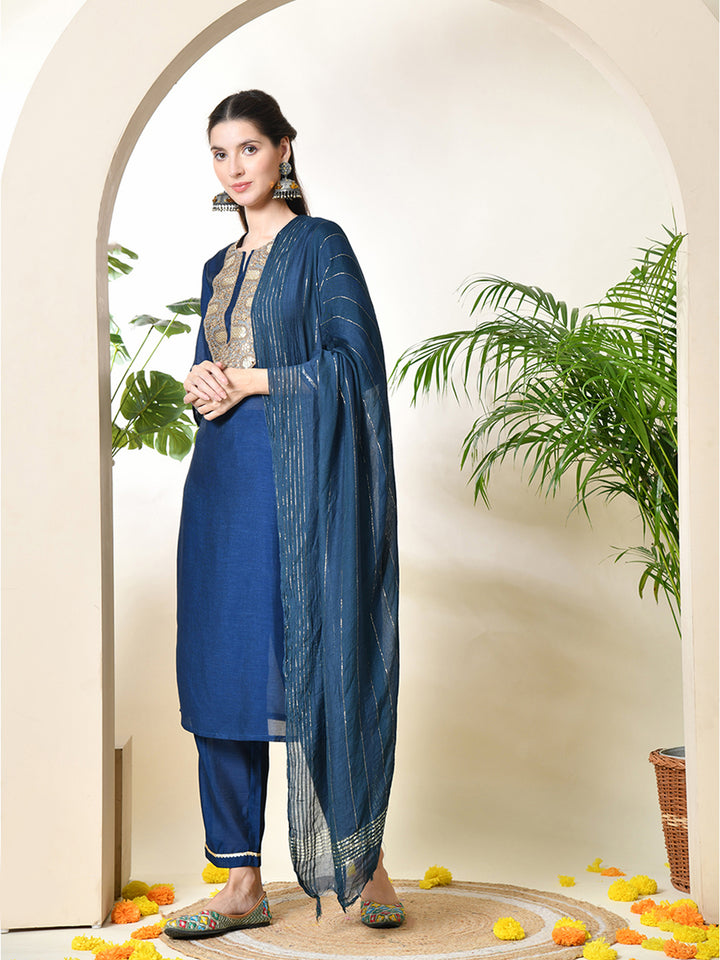 Women's Embroidered Keyhole Neck Bell Sleeves Kurta & Palazzos With Dupatta Sets in Navy Blue Colour