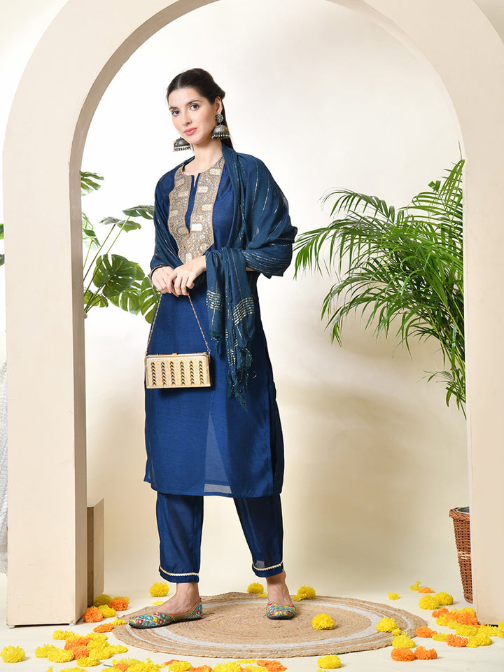 Women's Embroidered Keyhole Neck Bell Sleeves Kurta & Palazzos With Dupatta Sets in Navy Blue Colour