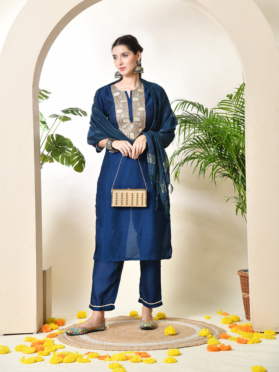 Women's Embroidered Keyhole Neck Bell Sleeves Kurta & Palazzos With Dupatta Sets in Navy Blue Colour