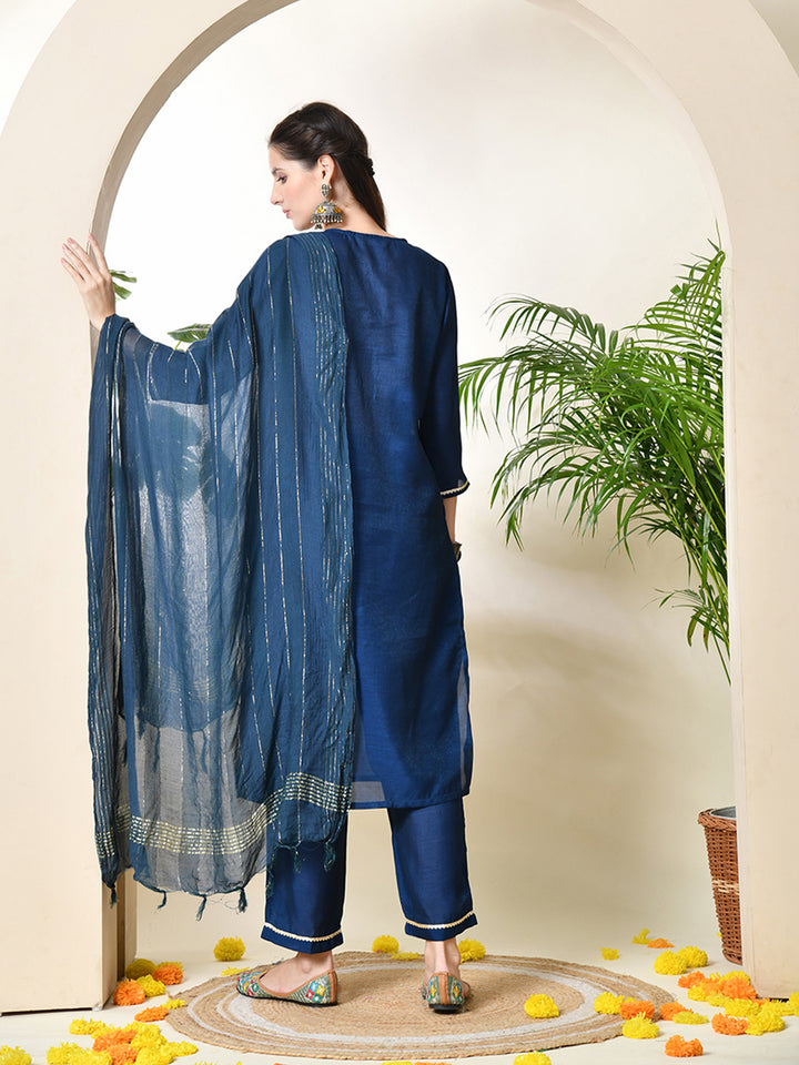 Women's Embroidered Keyhole Neck Bell Sleeves Kurta & Palazzos With Dupatta Sets in Navy Blue Colour