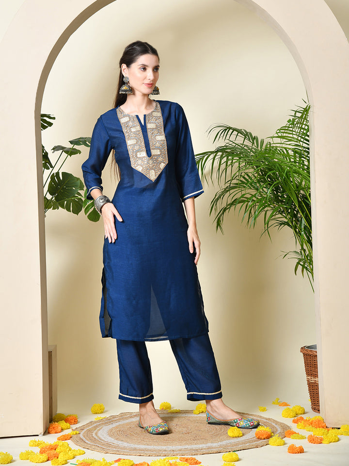 Women's Embroidered Keyhole Neck Bell Sleeves Kurta & Palazzos With Dupatta Sets in Navy Blue Colour