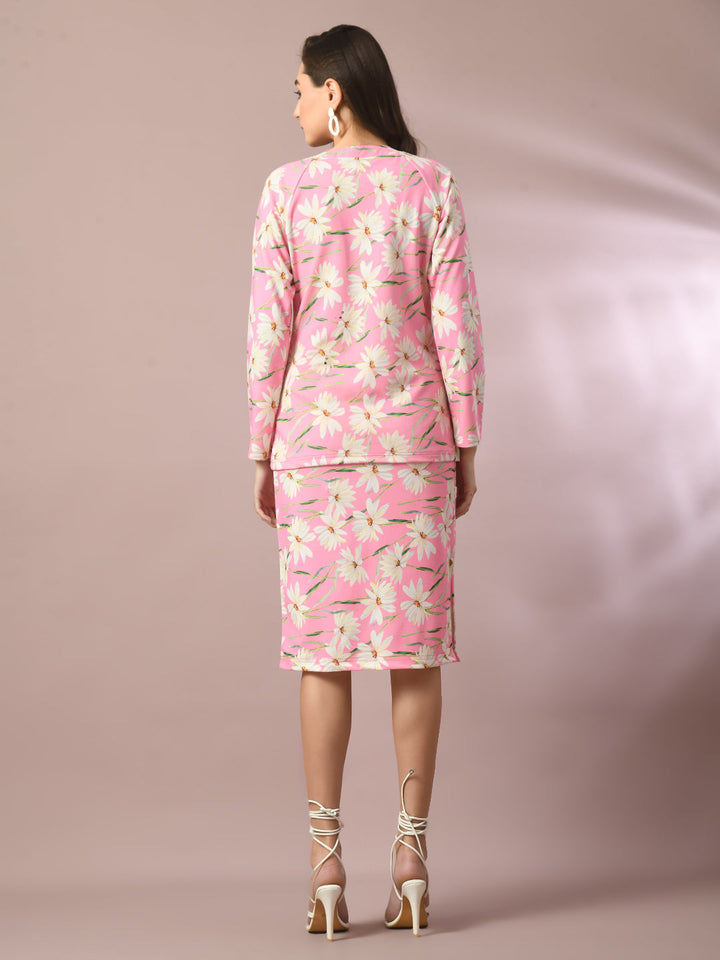 Women's  Pink Printed Round Neck Party Top With Skirt Co-Ord Set  - Myshka