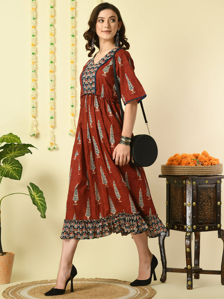 Women's Rust Printed Cotton  Party  Dress Myshka