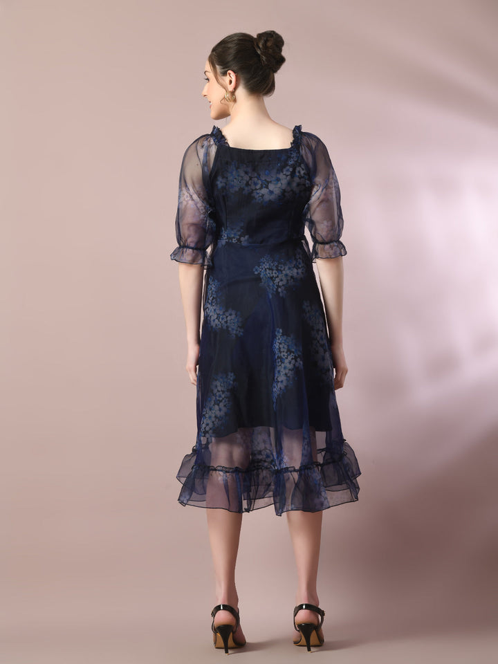 Women's  Navy Blue Printed Square Neck Fit And Flare Party Dress  - Myshka