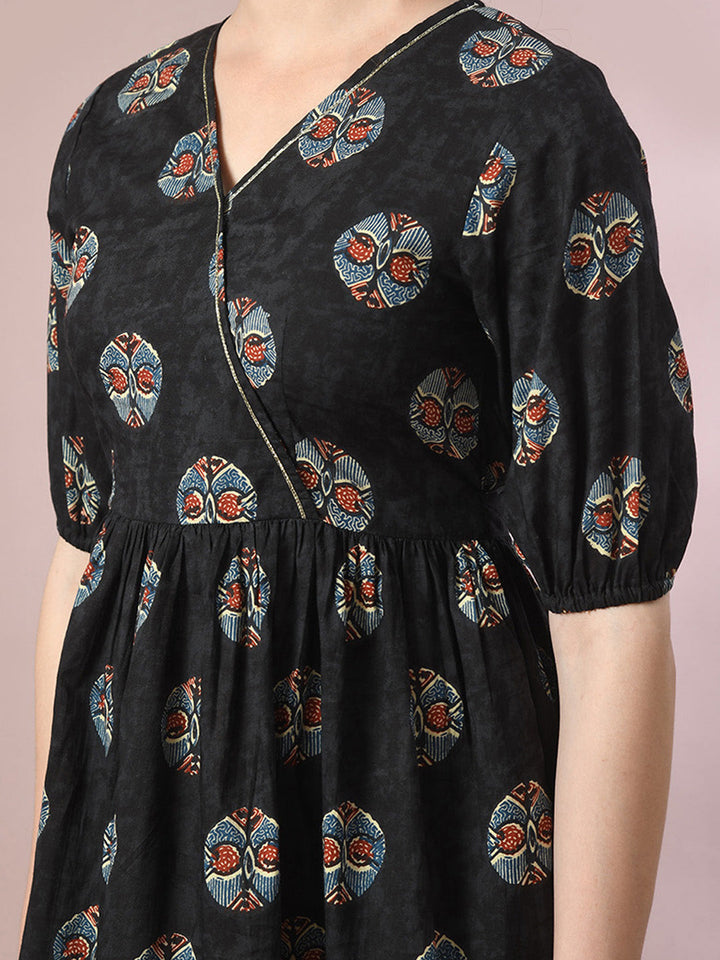 Women's  Black Printed Cotton V-Neck Empire Party Dress  - Myshka
