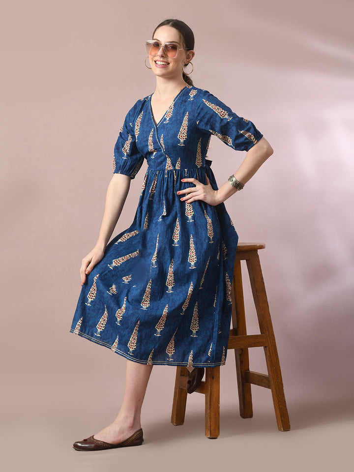 Women's  Blue Printed Cotton V-Neck Empire Party Dress  - Myshka