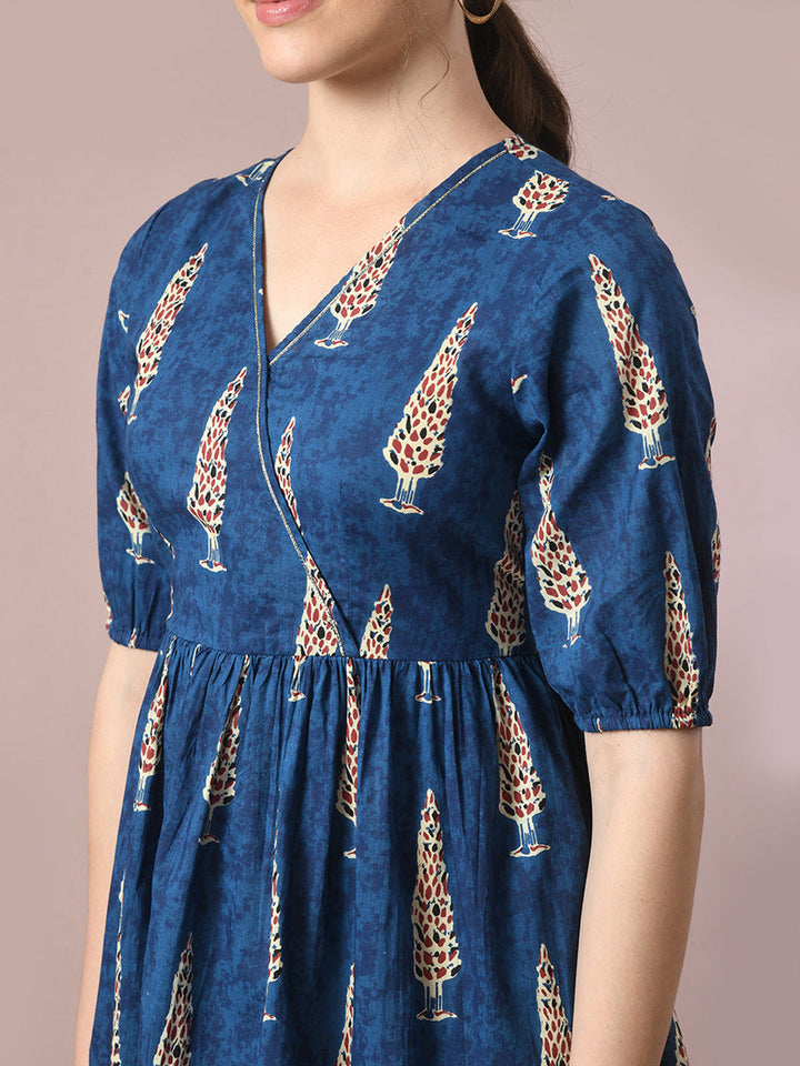 Women's  Blue Printed Cotton V-Neck Empire Party Dress  - Myshka