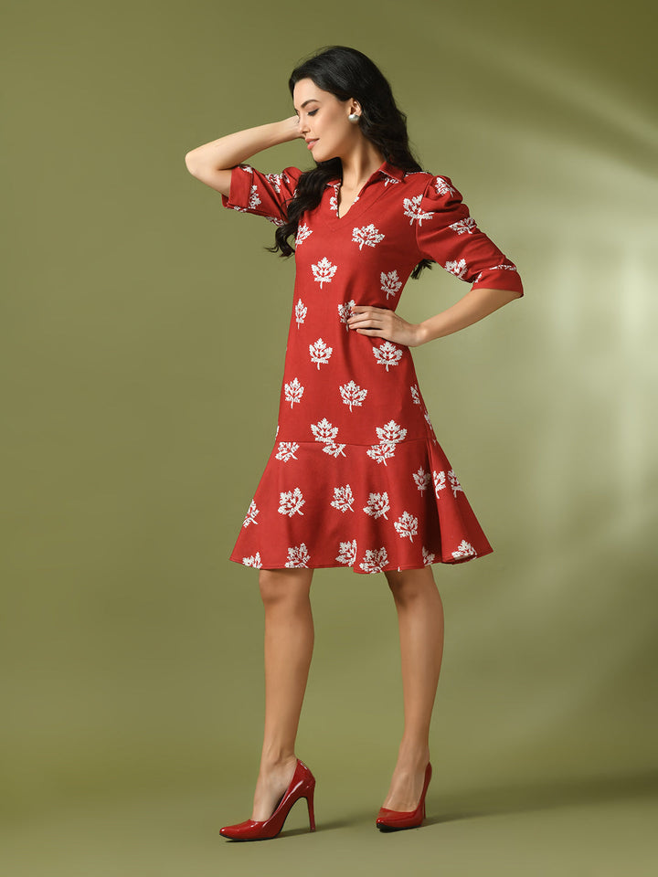 Women's  Rust Printed Shirt Collar Fit And Flare Party Dress  - Myshka