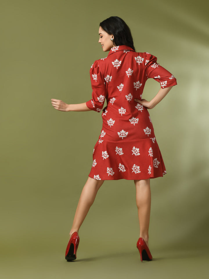 Women's  Rust Printed Shirt Collar Fit And Flare Party Dress  - Myshka