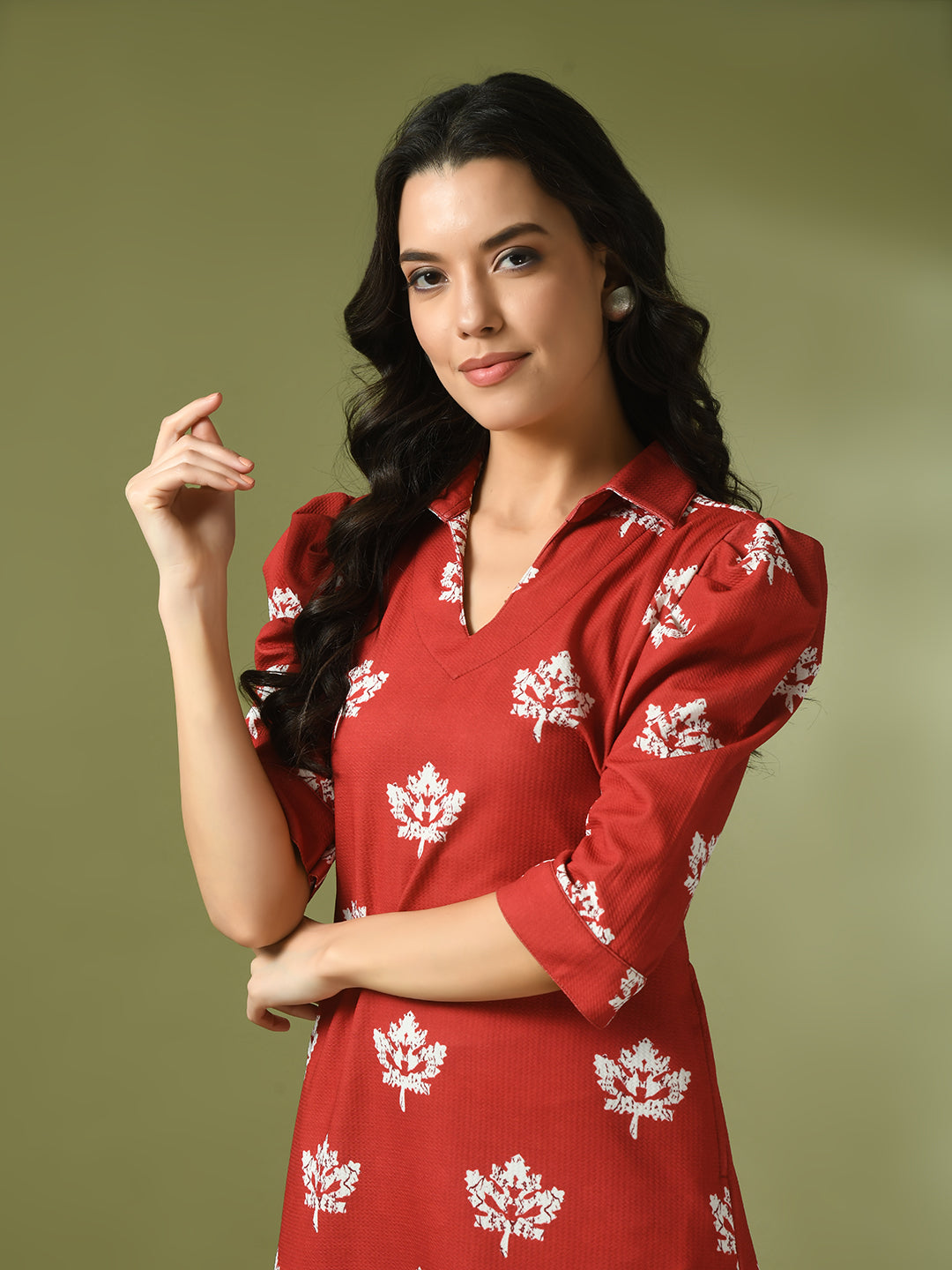 Women's  Rust Printed Shirt Collar Fit And Flare Party Dress  - Myshka
