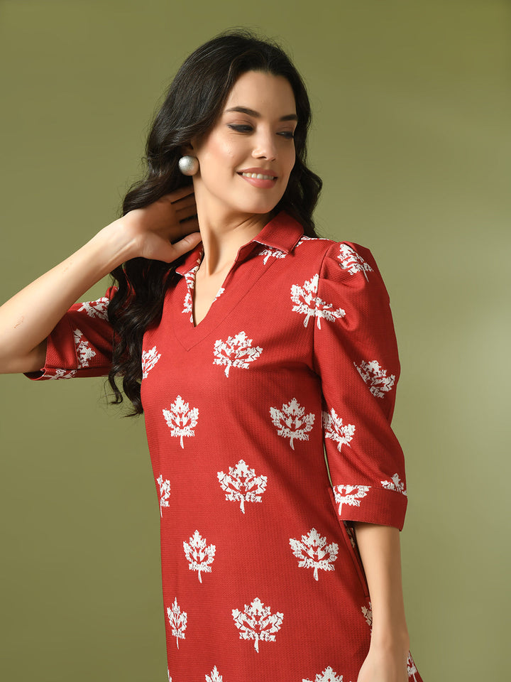 Women's  Rust Printed Shirt Collar Fit And Flare Party Dress  - Myshka