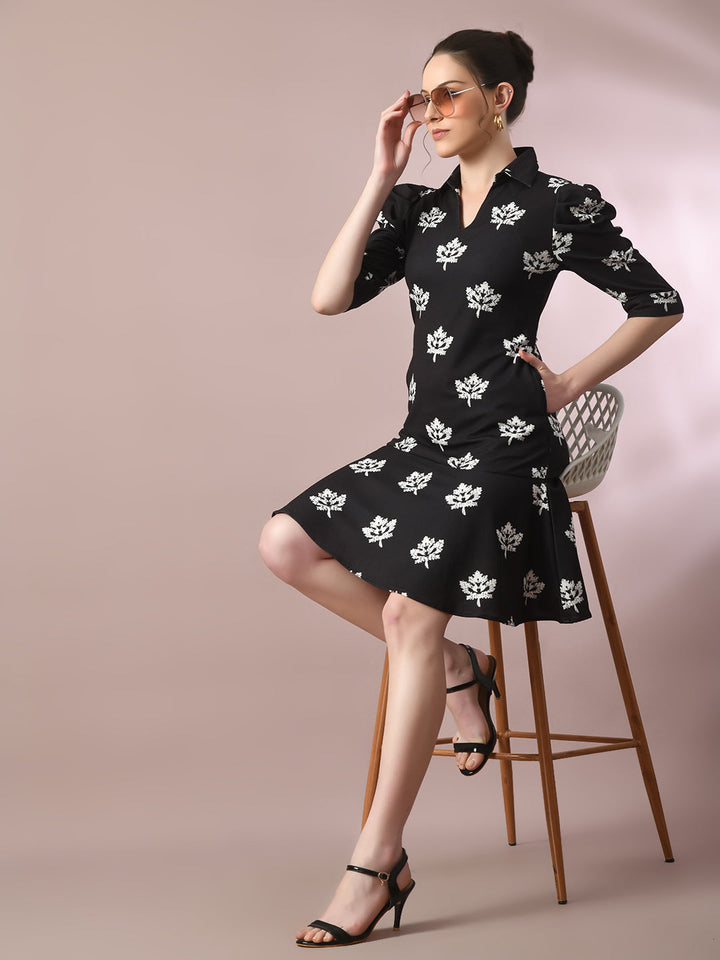 Women's  Black Printed Shirt Collar Fit And Flare Party Dress  - Myshka