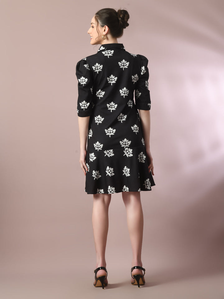 Women's  Black Printed Shirt Collar Fit And Flare Party Dress  - Myshka