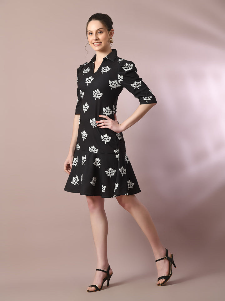 Women's  Black Printed Shirt Collar Fit And Flare Party Dress  - Myshka
