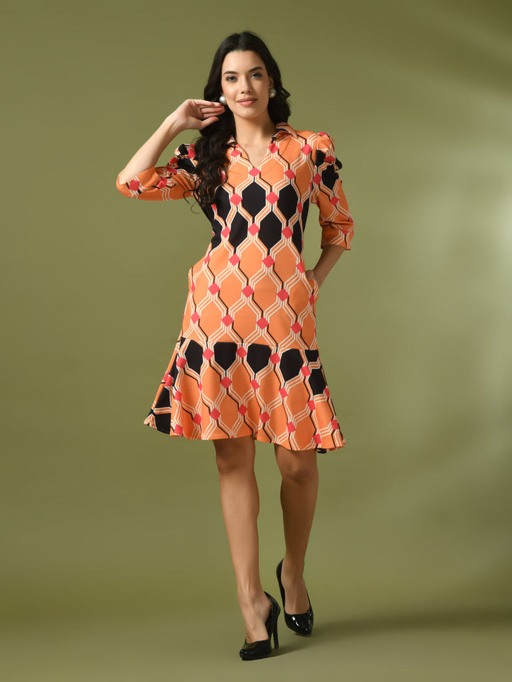 Women's  Multi Printed Shirt Collar Fit And Flare Party Dress  - Myshka