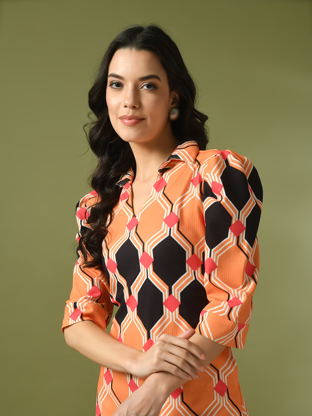 Women's  Multi Printed Shirt Collar Fit And Flare Party Dress  - Myshka