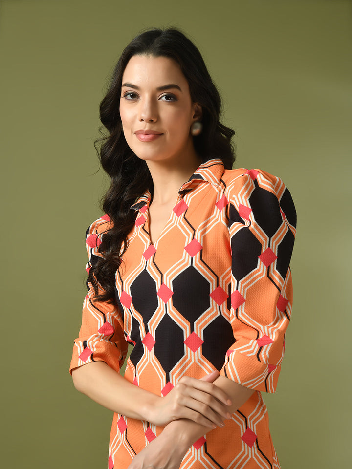 Women's  Multi Printed Shirt Collar Fit And Flare Party Dress  - Myshka