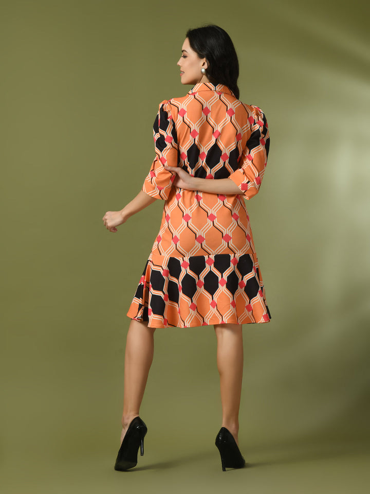 Women's  Multi Printed Shirt Collar Fit And Flare Party Dress  - Myshka
