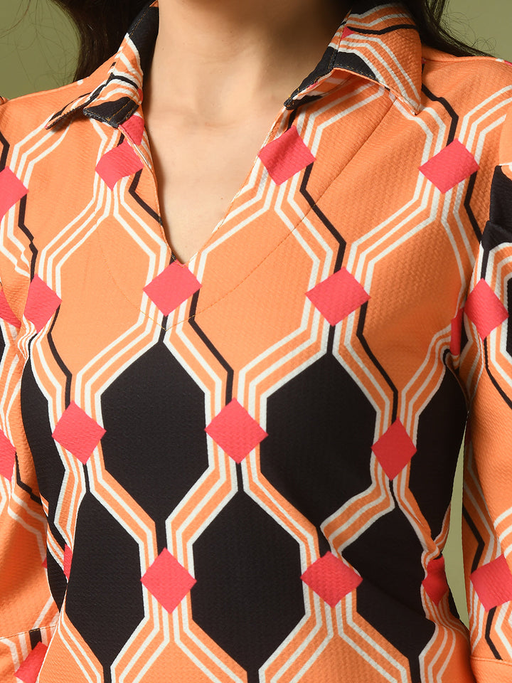 Women's  Multi Printed Shirt Collar Fit And Flare Party Dress  - Myshka