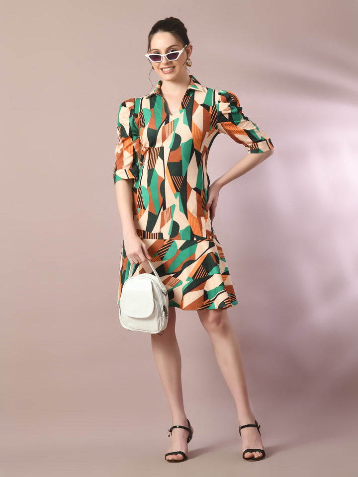 Women's  Multi Printed Shirt Collar Fit And Flare Party Dress  - Myshka