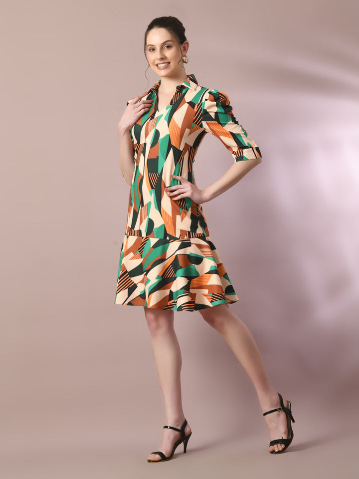 Women's  Multi Printed Shirt Collar Fit And Flare Party Dress  - Myshka