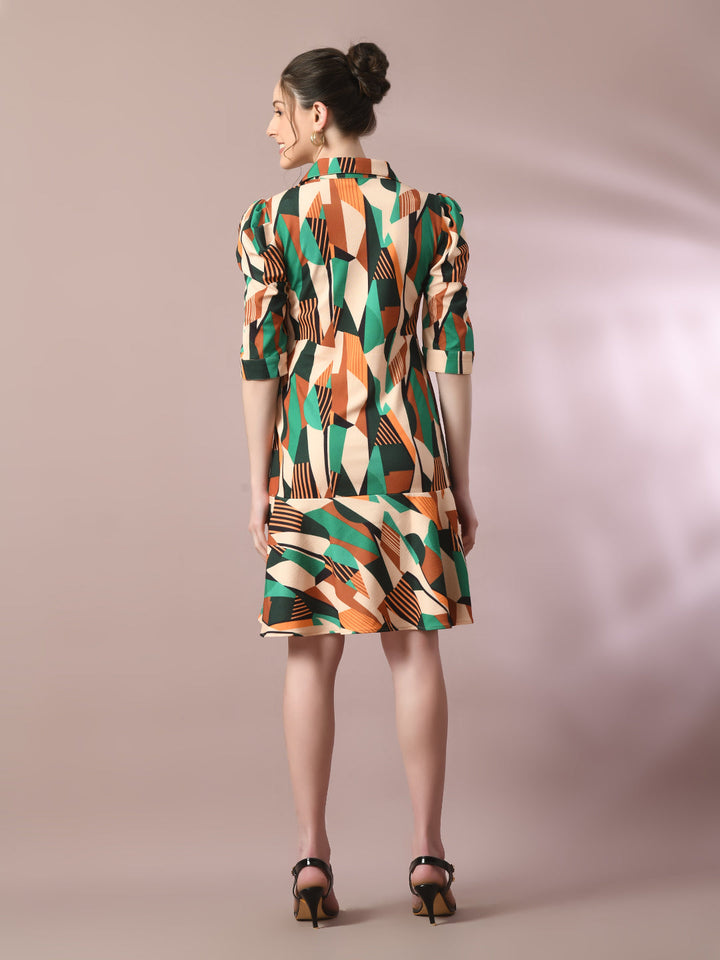 Women's  Multi Printed Shirt Collar Fit And Flare Party Dress  - Myshka