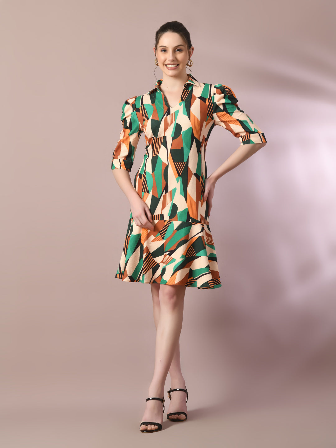 Women's  Multi Printed Shirt Collar Fit And Flare Party Dress  - Myshka