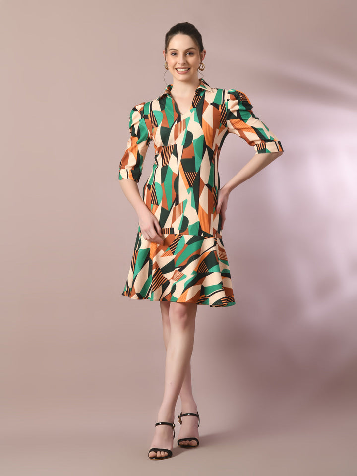 Women's  Multi Printed Shirt Collar Fit And Flare Party Dress  - Myshka