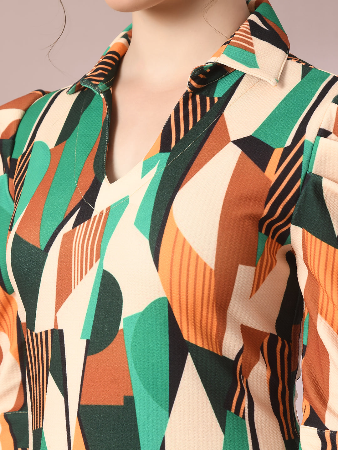 Women's  Multi Printed Shirt Collar Fit And Flare Party Dress  - Myshka