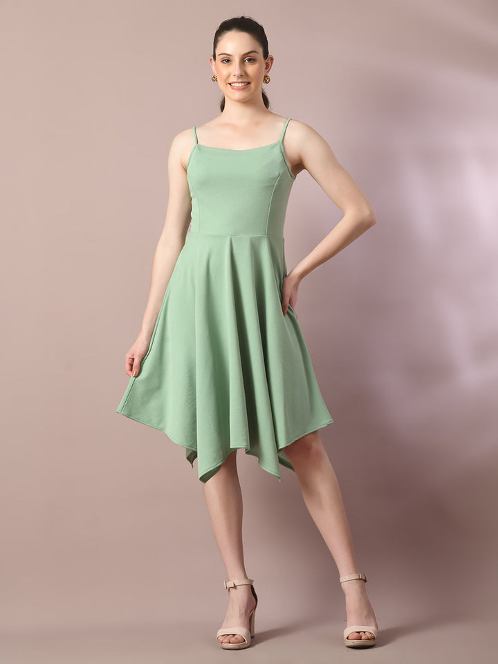 Women's  Sea Green Solid Shoulder Straps Fit And Flare Party Dress  - Myshka