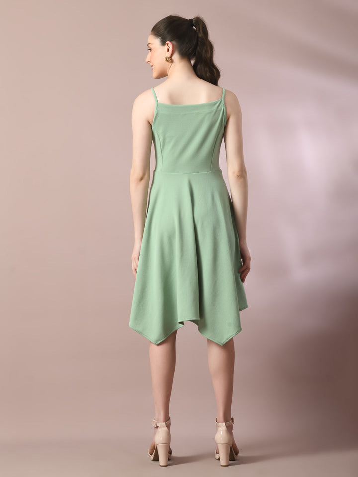 Women's  Sea Green Solid Shoulder Straps Fit And Flare Party Dress  - Myshka
