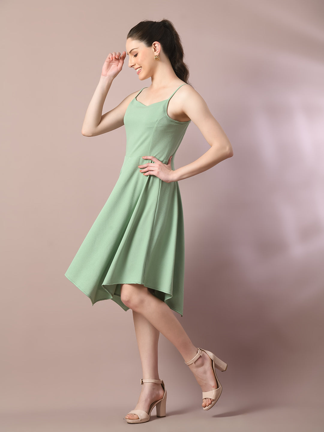 Women's  Sea Green Solid Shoulder Straps Fit And Flare Party Dress  - Myshka