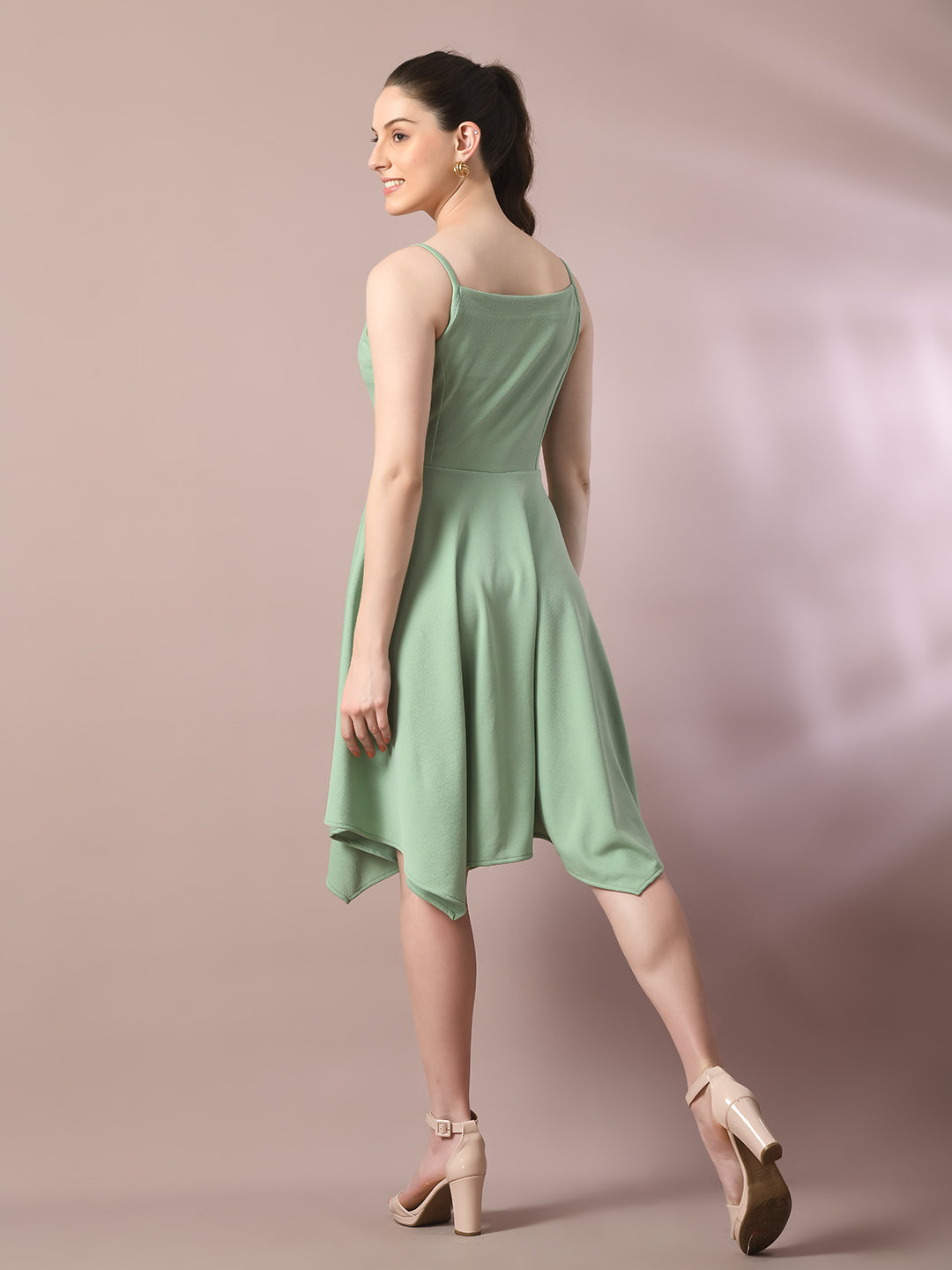 Women's  Sea Green Solid Shoulder Straps Fit And Flare Party Dress  - Myshka