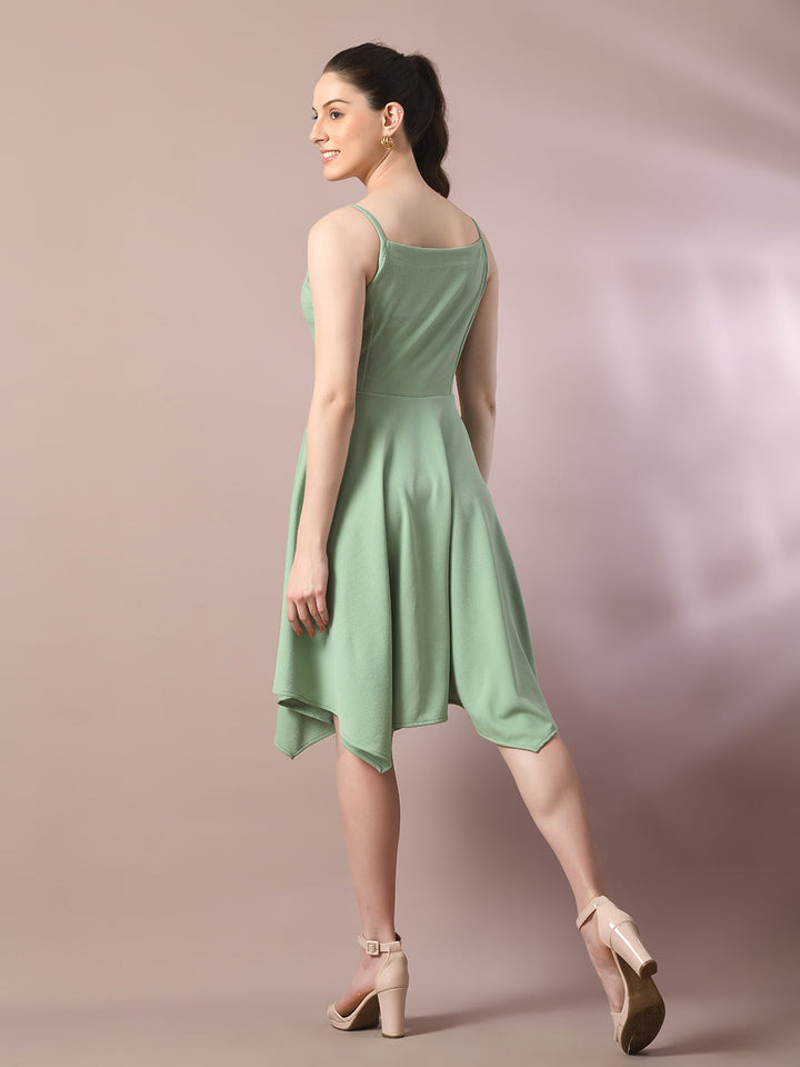 Women's  Sea Green Solid Shoulder Straps Fit And Flare Party Dress  - Myshka