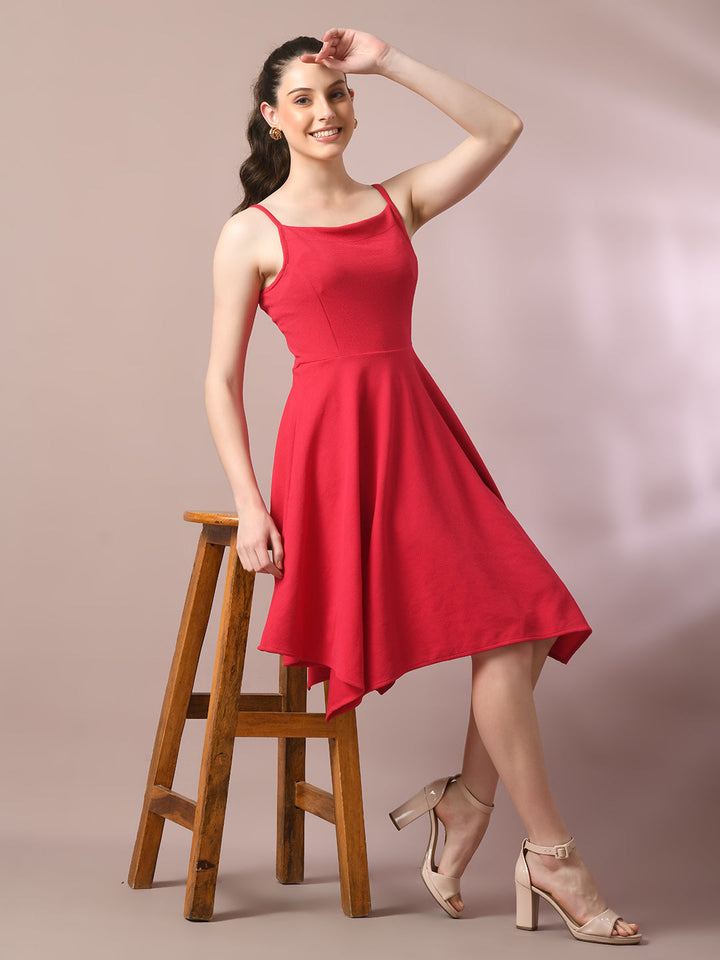 Women's  Pink Solid Shoulder Straps Fit And Flare Party Dress  - Myshka