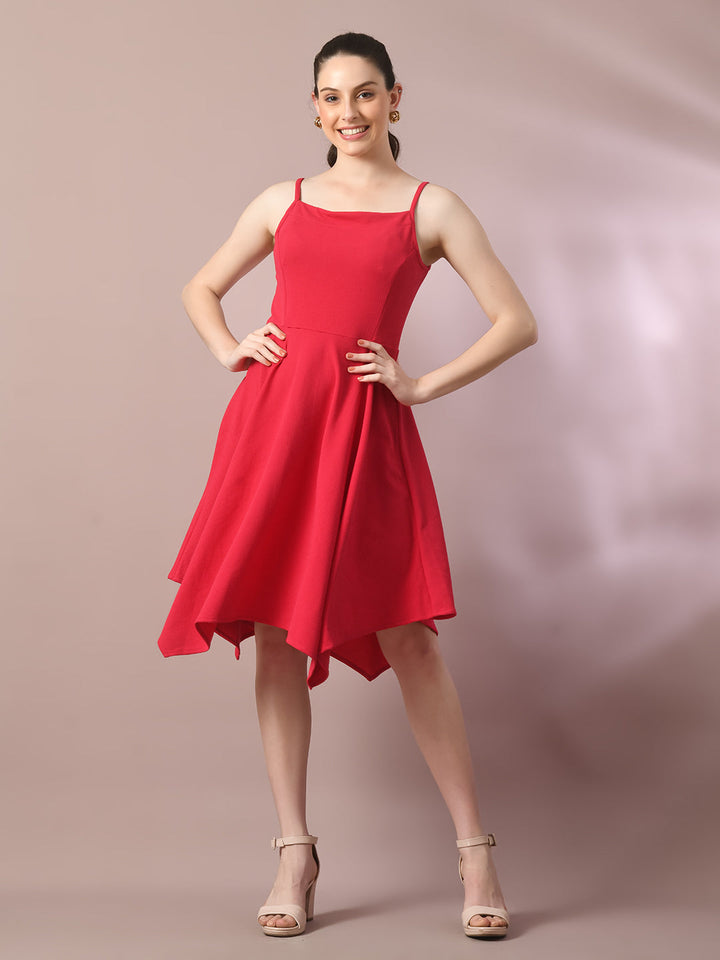 Women's  Pink Solid Shoulder Straps Fit And Flare Party Dress  - Myshka