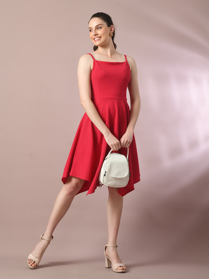 Women's  Pink Solid Shoulder Straps Fit And Flare Party Dress  - Myshka