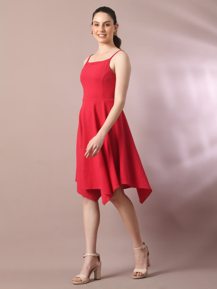 Women's  Pink Solid Shoulder Straps Fit And Flare Party Dress  - Myshka