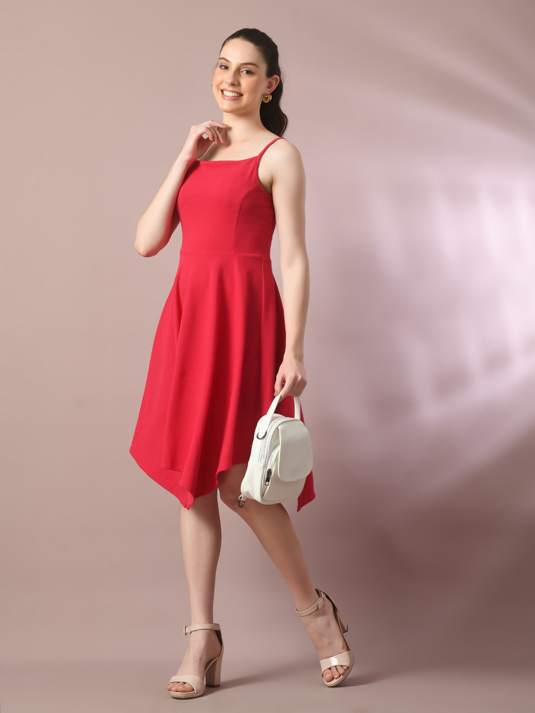 Women's  Pink Solid Shoulder Straps Fit And Flare Party Dress  - Myshka