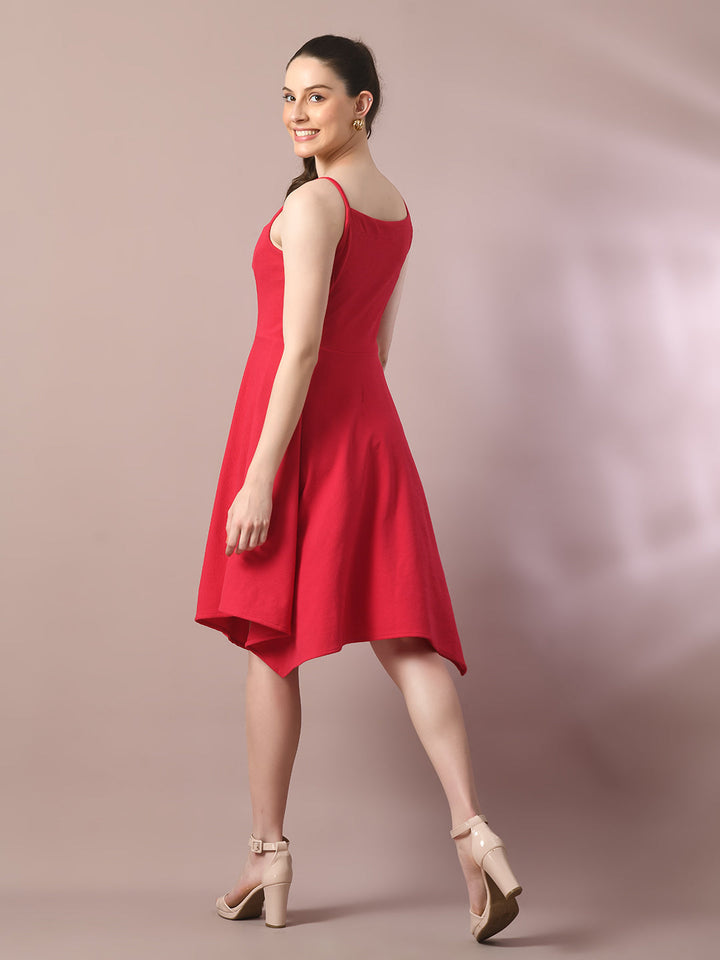 Women's  Pink Solid Shoulder Straps Fit And Flare Party Dress  - Myshka