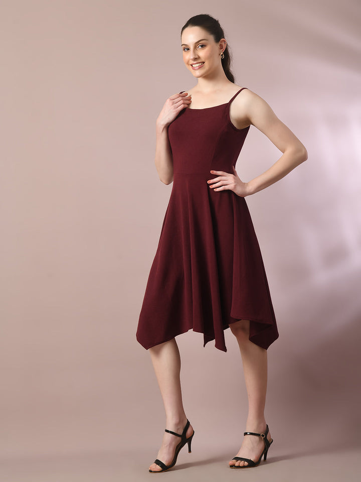 Women's  Maroon Solid Shoulder Straps Fit And Flare Party Dress  - Myshka