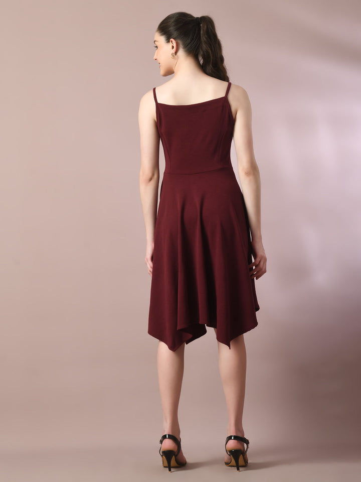 Women's  Maroon Solid Shoulder Straps Fit And Flare Party Dress  - Myshka