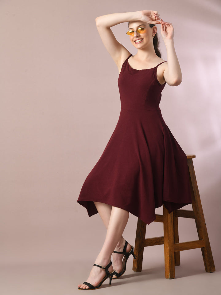 Women's  Maroon Solid Shoulder Straps Fit And Flare Party Dress  - Myshka
