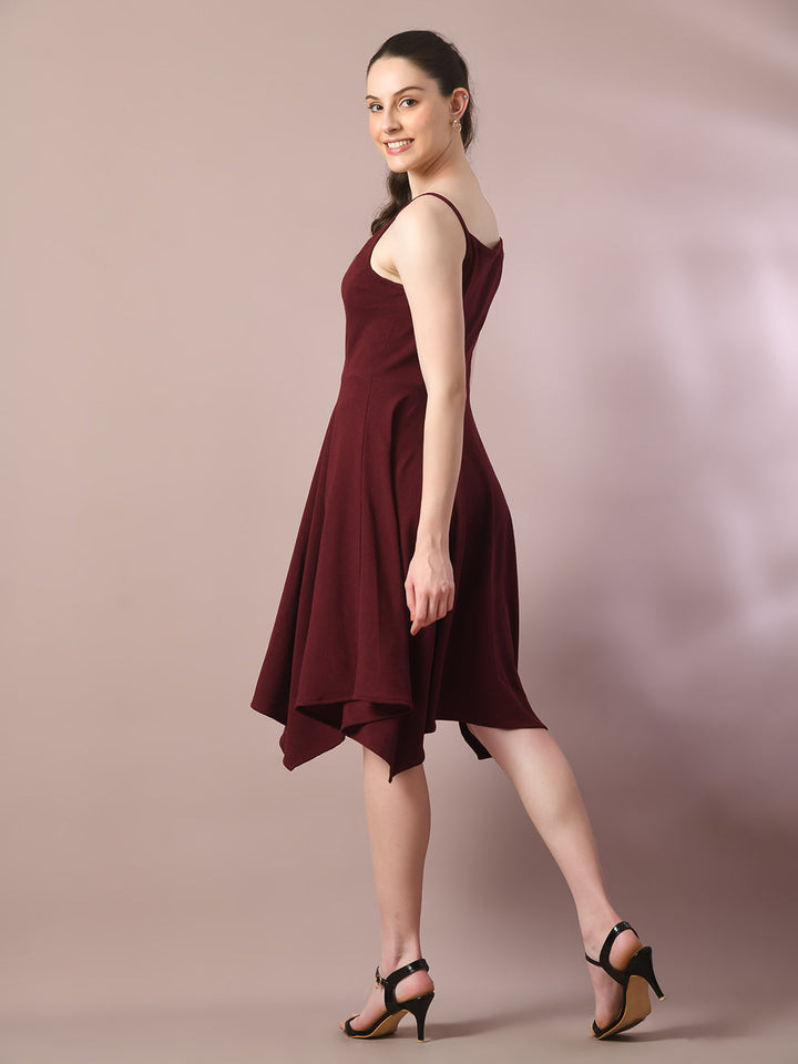 Women's  Maroon Solid Shoulder Straps Fit And Flare Party Dress  - Myshka