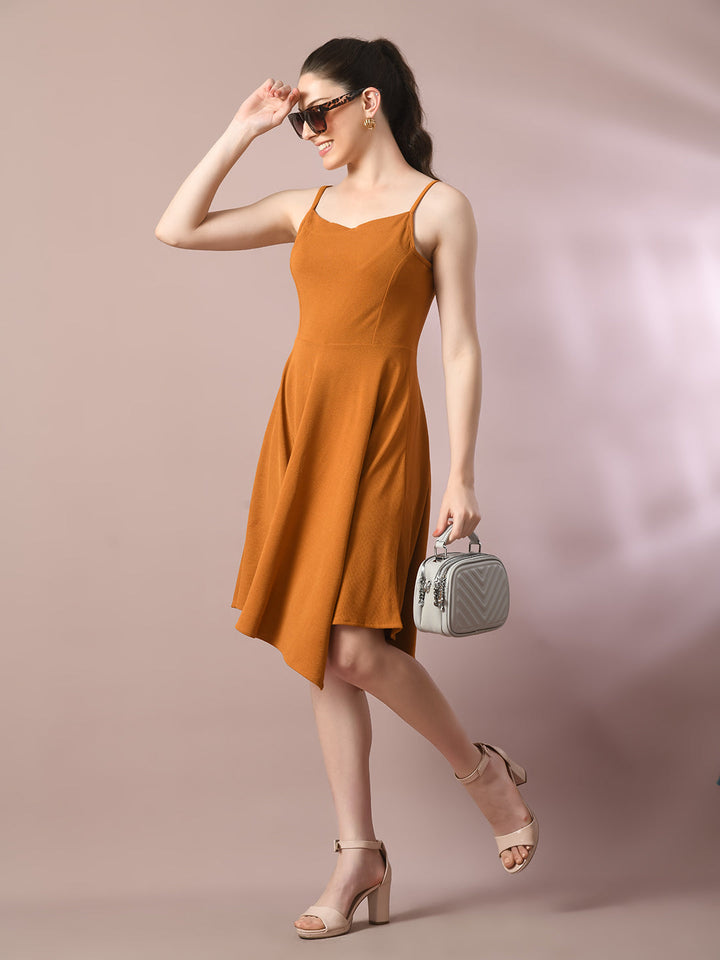 Women's  Mustard Solid Shoulder Straps Fit And Flare Party Dress  - Myshka