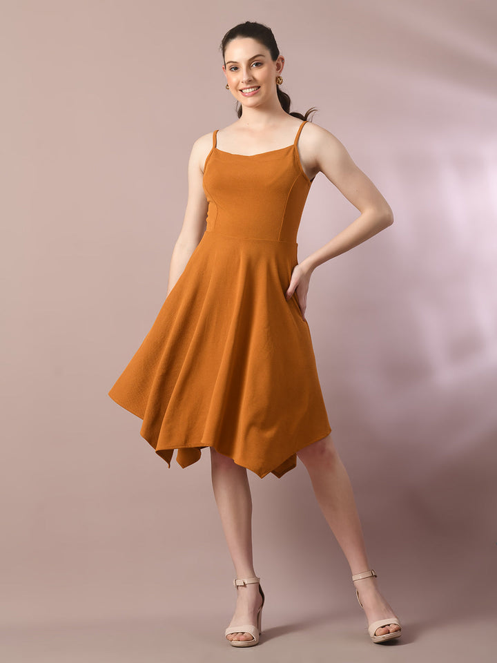Women's  Mustard Solid Shoulder Straps Fit And Flare Party Dress  - Myshka