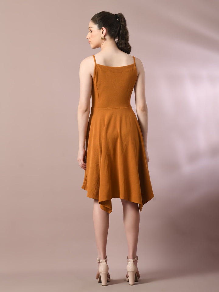 Women's  Mustard Solid Shoulder Straps Fit And Flare Party Dress  - Myshka
