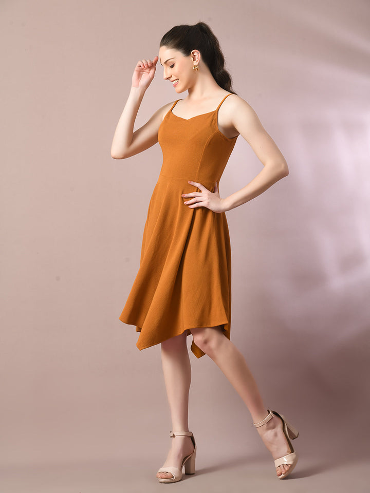 Women's  Mustard Solid Shoulder Straps Fit And Flare Party Dress  - Myshka