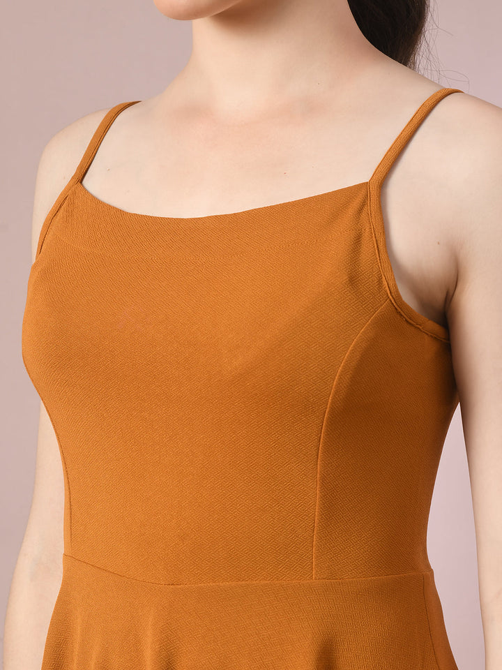 Women's  Mustard Solid Shoulder Straps Fit And Flare Party Dress  - Myshka