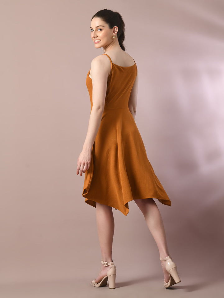 Women's  Mustard Solid Shoulder Straps Fit And Flare Party Dress  - Myshka